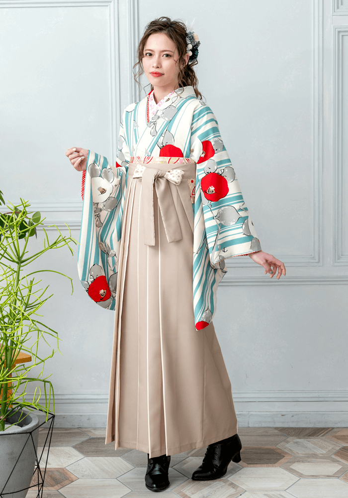 着物単品商品BBB431にベージュの袴を合わせたコーデ