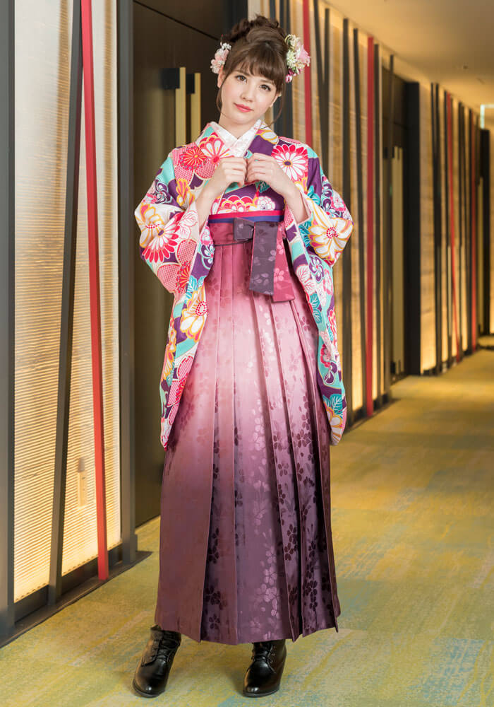 着物：ムラサキ桜と菊と袴：ローズボカシ柄