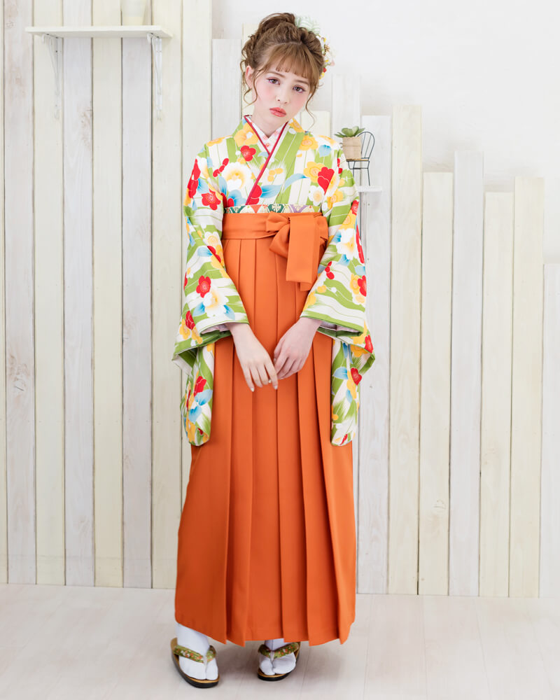 着物 緑白矢がすり梅と牡丹 袴 オレンジ 宅配ネットレンタル京都さがの館