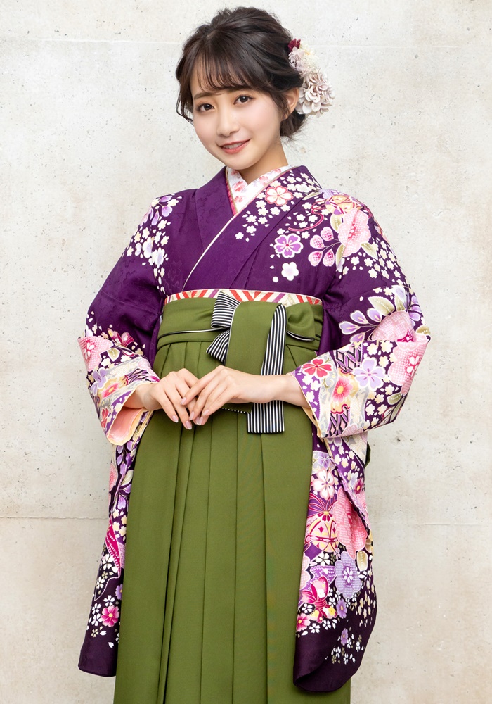 京都さがの館卒業式袴宅配ネットレンタル【着物単品】紫のしに牡丹