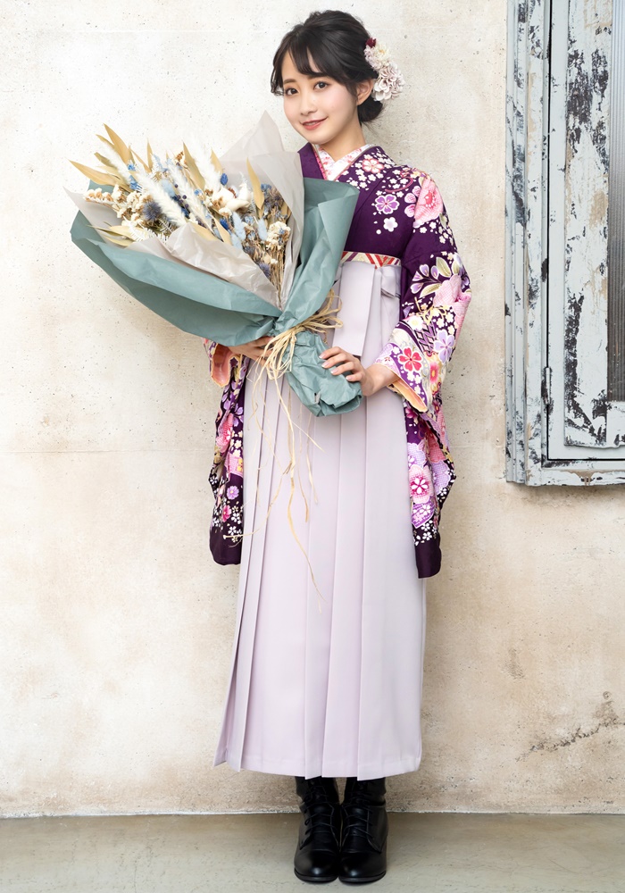 京都さがの館卒業式袴宅配ネットレンタル【着物】紫のしに牡丹+【袴】スモーキーピンク